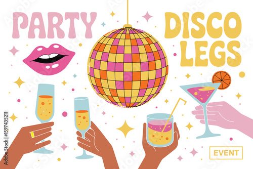 Retro Disco Party Vector with Vinyl and Cocktails

