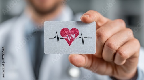 Doctor holds health insurance card over heart symbol, visualizing healthcare protection, patient coverage, and medical security under trusted plans.