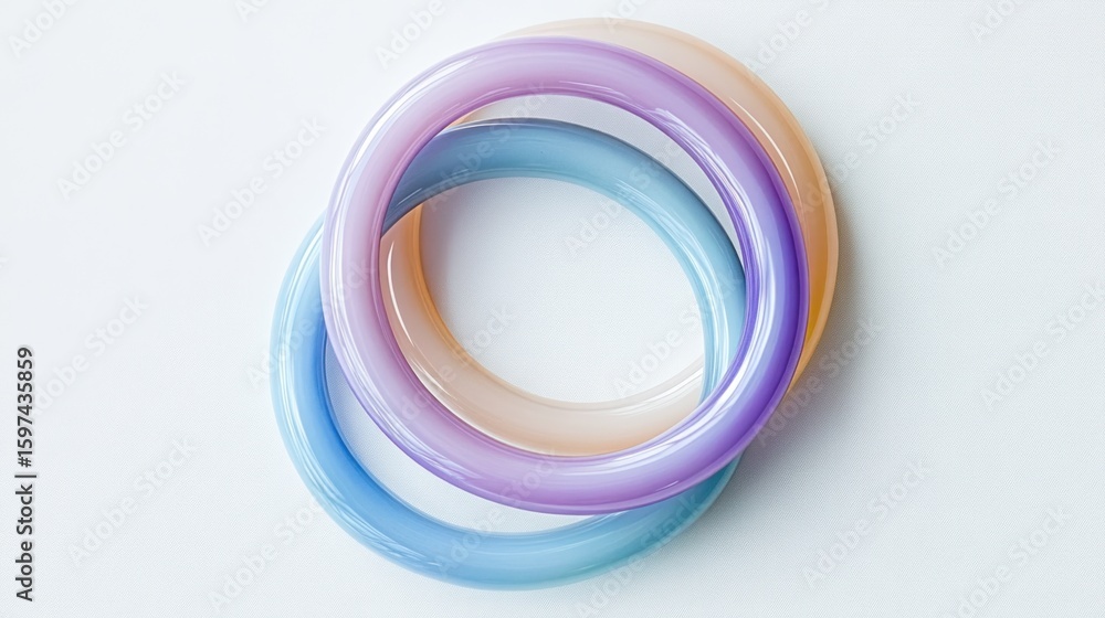 Three pastel-colored rings layered on a white surface. Three pastel-colored rings layered on a white surface.