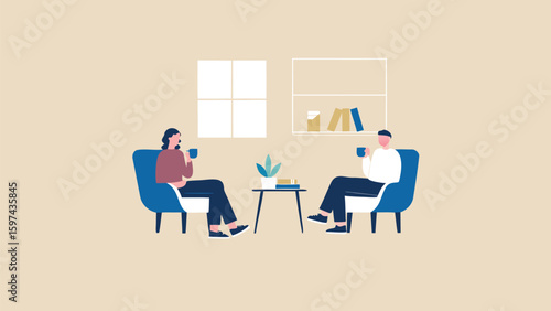 Two people sitting in chairs having coffee in a room with a window and a bookshelf in the background