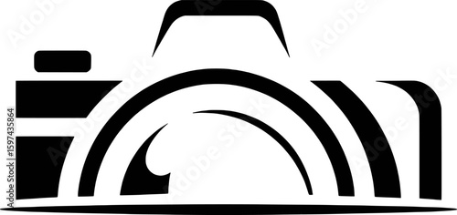Stylized black camera lens with arcs and rectangular body photography white