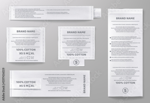Cotton fabric label mockup set with brand name templates - white textile tags with care instructions, size options and washing symbols for clothing manufacture, fashion design or garment presentation