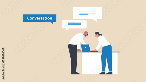 Two colleagues collaborating over a laptop with speech bubbles indicating conversation and communication going on