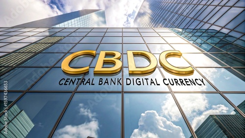 CBDC Central Bank Digital Currency Sign Displayed on Modern Glass Skyscraper in Financial District
