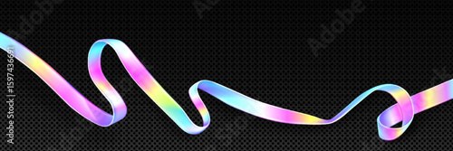 Hologram tape ribbon with rainbow gradient effect - iridescent curling strip of pink, blue and yellow colors. Decorative metallic streamer for party decoration or festive celebration design elements.
