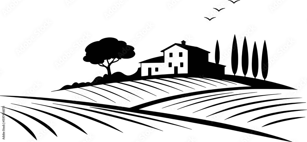 Obraz premium Tuscan landscape with villa and cypress trees fields