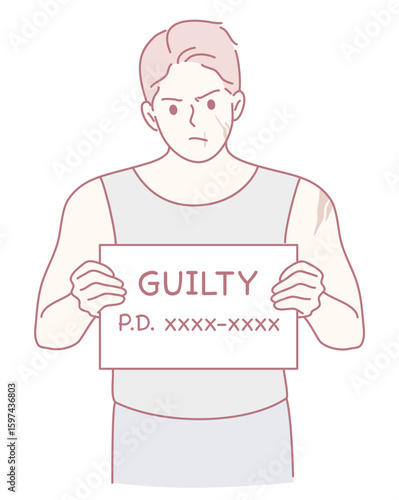 This is an illustration depicting a guilty individuals expression while holding a sign that clearly states GUILTY