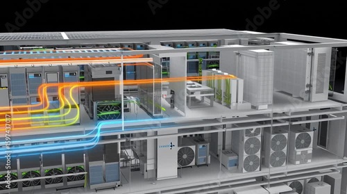 Dcim software. Data Center Infrastructure Management. A cutaway view of a modern building showcases a colorful HVAC airflow system moving through various rooms and machinery.