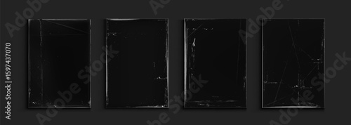 Distressed worn paper textures with black background - vintage scratched rectangles with aged surface damage. Grunge overlay effects for retro poster design. Antique document mockup or weathered bg.