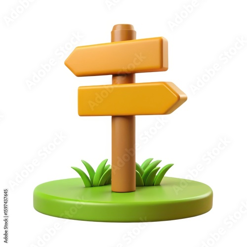 Cartoon wooden directional signpost with grass isolated on white background