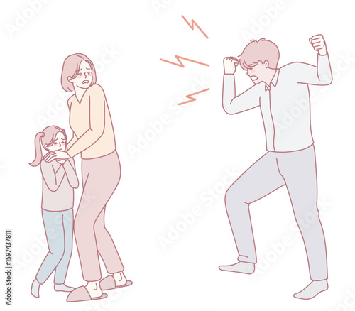 An illustration showing a mother and child in fear of an angry figure, highlighting domestic tension.