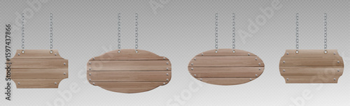 Rustic 3d wood board signs hanging on chains - brown wooden planks with metal nails of different shapes for restaurant menu, vintage shop signage or country style decorative display element