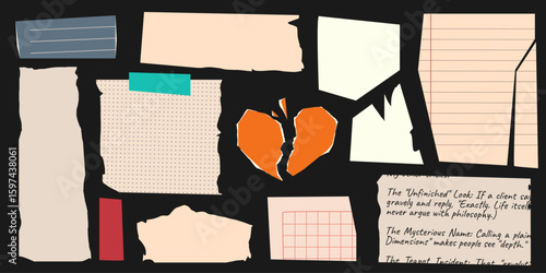 Vintage torn paper set with note textures - ripped edges, lined notebook pages, grid patterns and dotted sheets. Broken heart and scraps, retro stationery for scrapbooking, journaling, collage design
