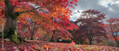 Autumn Leaves Falling in Japanese Maple Garden