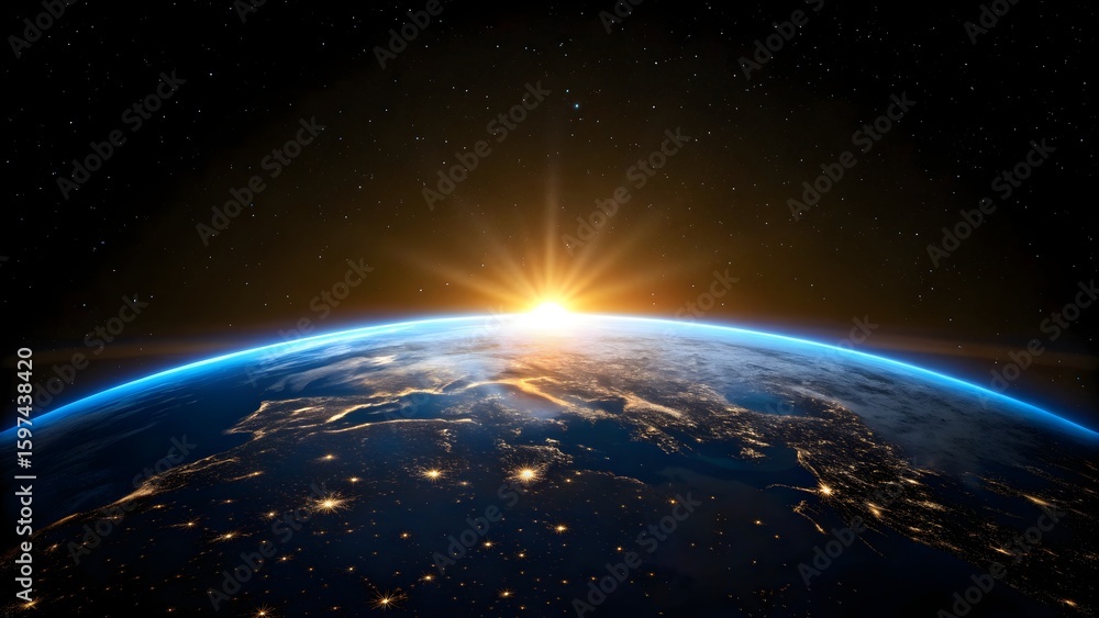 Fototapeta premium Sunrise over earth from space with city lights visible