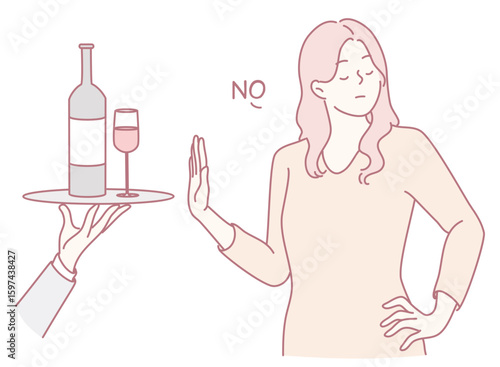 At a social event, a woman confidently declines a drink, showcasing her personal boundaries and selfrespect