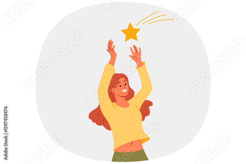 Woman catches star falling from sky and makes wish to become rich or get married. Superstitious girl watches falling stars with smile and reaches out to star in hope of good luck and fortune.