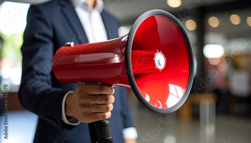 Businessman holding a red megaphone