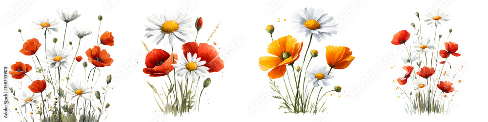 Naklejka premium Wildflower Bouquets: Daisy and Poppy Watercolor Art