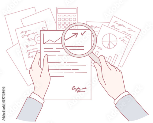 Hands analyzing financial documents and charts for accurate insights through thorough data analysis