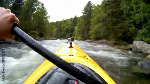 Kayak navigating rapids in lush forest setting