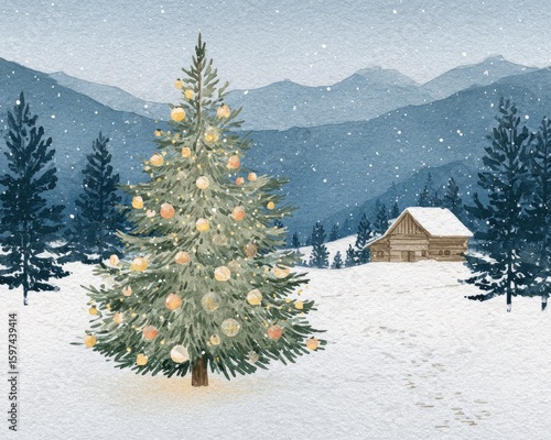 Snowy Christmas Tree by Cabin in Mountains