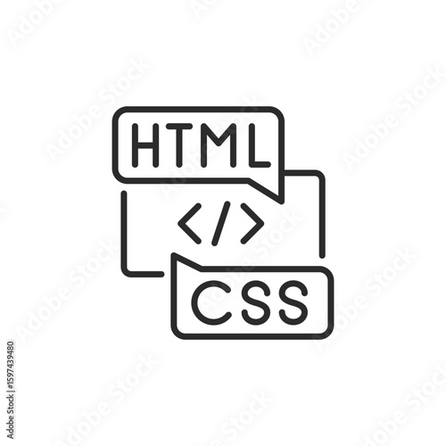 HTML CSS icon. Front-end development icon showing HTML and CSS speech bubbles with code symbol. Concept for website design, web layout, or coding interface. Vector illustration
