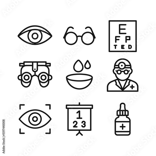 Vision care medical icons collection. Outline symbols. Line design