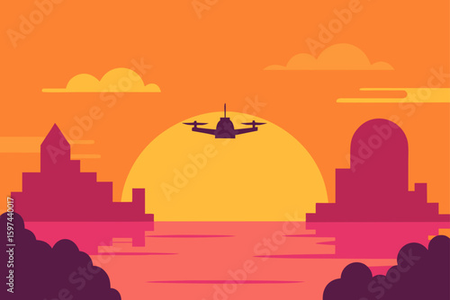 Drone flying over water with city skyline at sunset