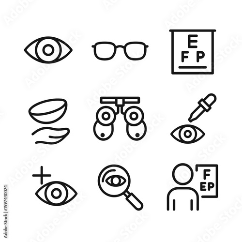 Optical and vision care icons. Outline symbols. Line design