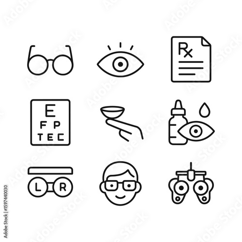 Eye examination and vision health icons. Outline symbols. Line design