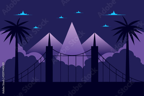 Stylized nighttime cityscape with bridge and palm trees
