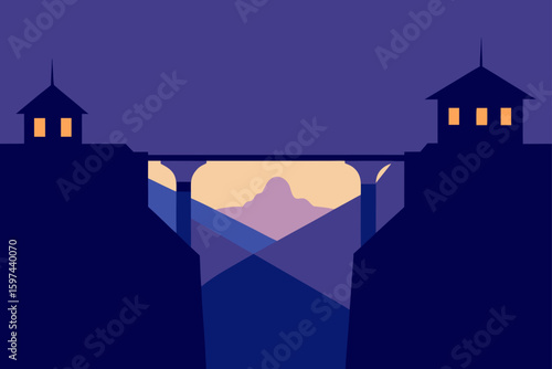 Minimalist bridge with towers over a canyon at dusk