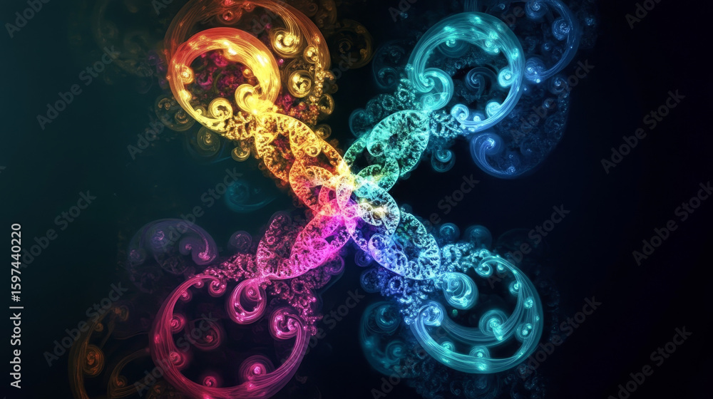 Obraz premium Vibrant abstract fractal design with intricate glowing patterns. Swirling psychedelic colors create a dynamic, ethereal background.