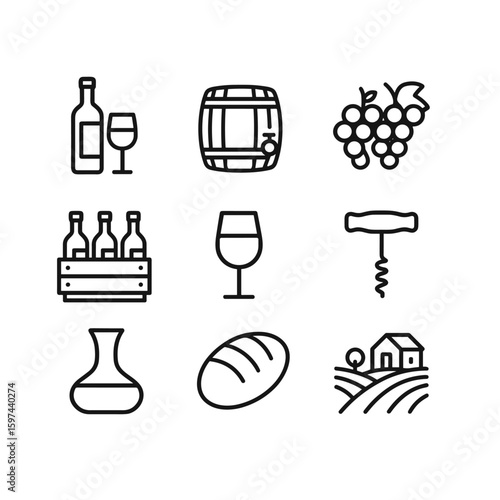 Wine and vineyard vector icon collection. Outline symbols. Line design