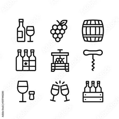 Grape and barrel vector icon set. Outline symbols. Line design
