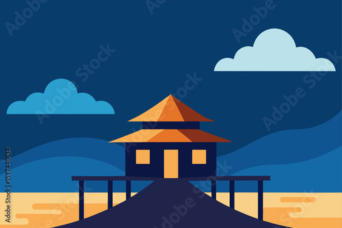 Flat design of a house on stilts by the sea at dusk