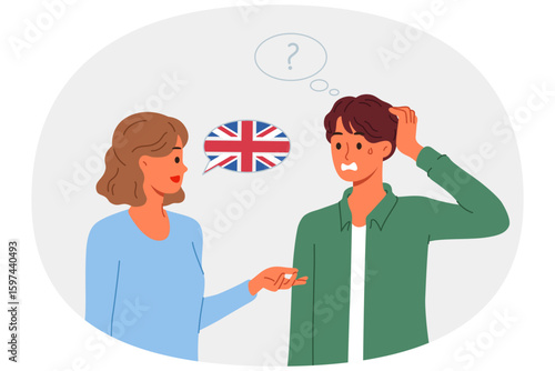 Language barrier for native english speakers from uk and us who have problems communicating. Man does not understand woman from england due to presence of language barrier and strong accent