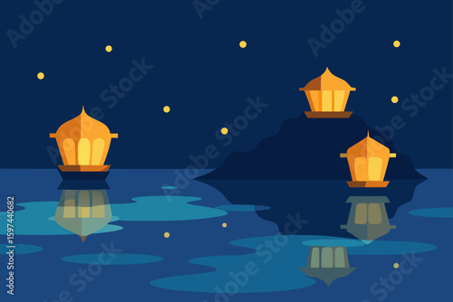Glowing ramadan lanterns reflected on calm water under a starry night sky