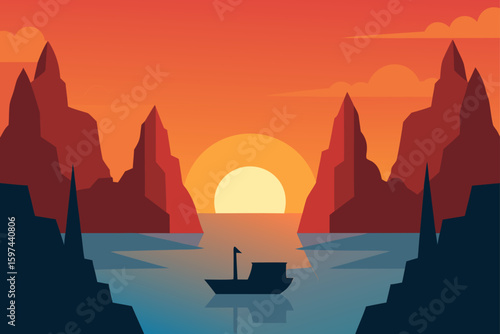 Serene sunset over water with rocky shores and a lone boat