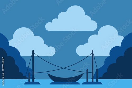 Minimalist blue landscape with boat and clouds