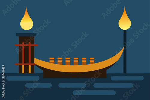 Gondola docked at night with flickering torches