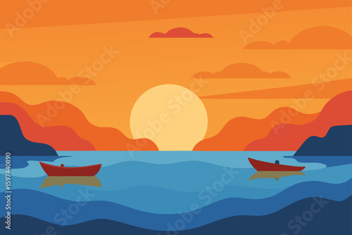 Serene sunset over the ocean with two boats