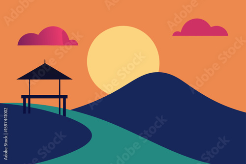 Serene sunset over rolling hills with a gazebo