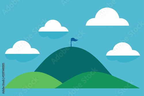 Flag on a hilltop with clouds in a blue sky