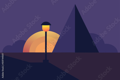 Minimalist sunset scene with streetlight and mountain