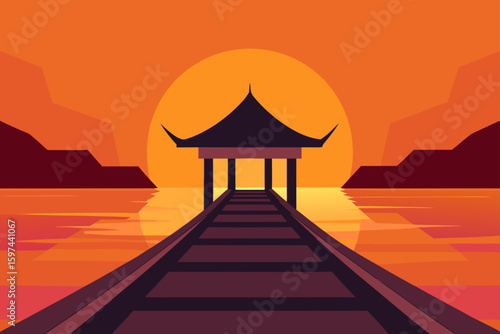Serene sunset over water with asian pavilion and pier