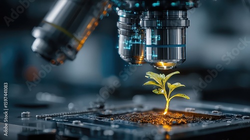High-tech microscope scans glowing plant in lab, illustrating biotech research, agricultural diagnostics, and scientific analysis through AI-driven inspection of organic material.