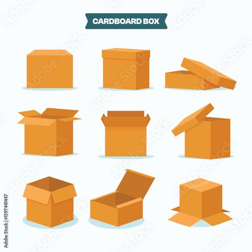 Cardboard box mockup set. Carton delivery packaging open and closed box with fragile signs.