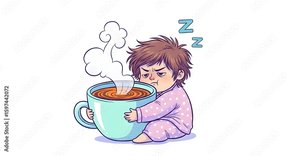 Fototapeta premium Sleepy cartoon boy hugging a huge cup of hot coffee